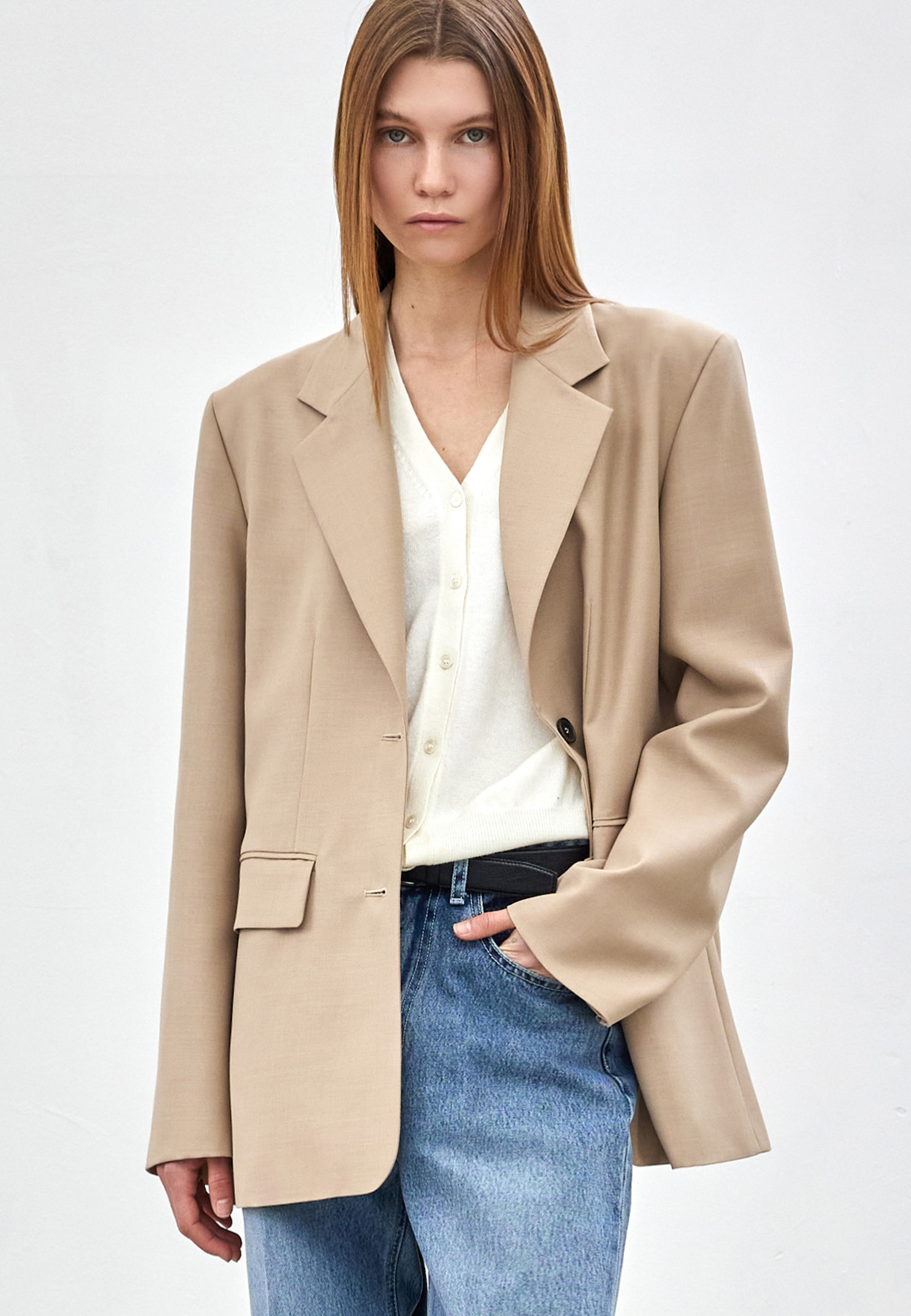 OVER FIT SINGLE TWO BUTTON JACKET - BEIGE